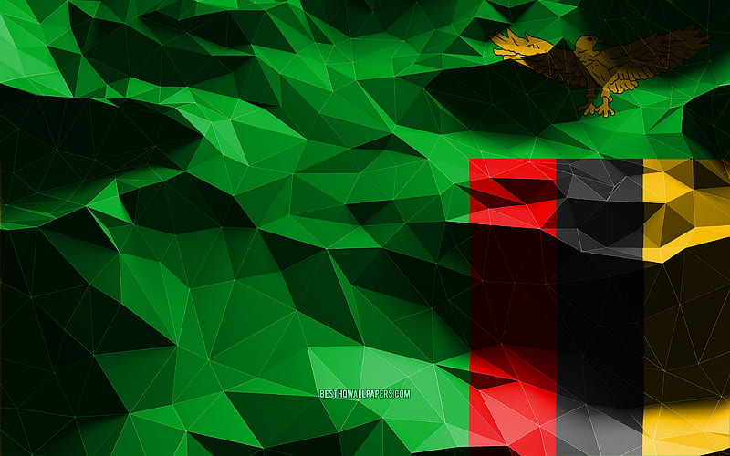 Zambian flag, low poly art, African countries, national symbols, Flag of Zambia, 3D flags, Zambia, Africa, Zambia 3D flag, Zambia flag, HD wallpaper