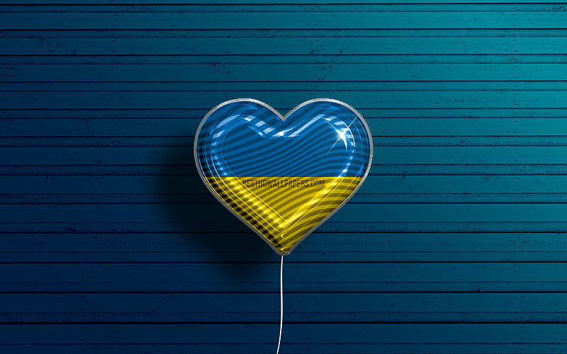 I Love Ukraine realistic balloons, blue wooden background, Ukrainian flag heart, Europe, favorite countries, flag of Ukraine, balloon with flag, Ukrainian flag, Ukraine, Love Ukraine, HD wallpaper