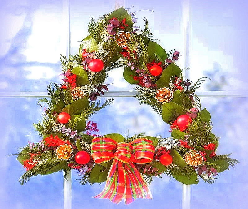 ★Natural Wreath Holidays★, colorful, wreath, holidays, shaped, indoor, fruits, cherries, natural holiday wreath, bow, seasons, xmas and new year, greetings, pine cones, graphy, window, christmas, colors, love four seasons, winter, snow, winter holidays, natural, HD wallpaper