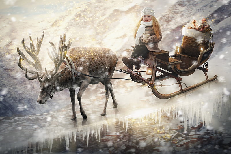 My winter trip, sleigh, little, craciun, christmas, iarna, winter, fantasy, girl, panjoool, ice, copil, child, reindeer, white, HD wallpaper