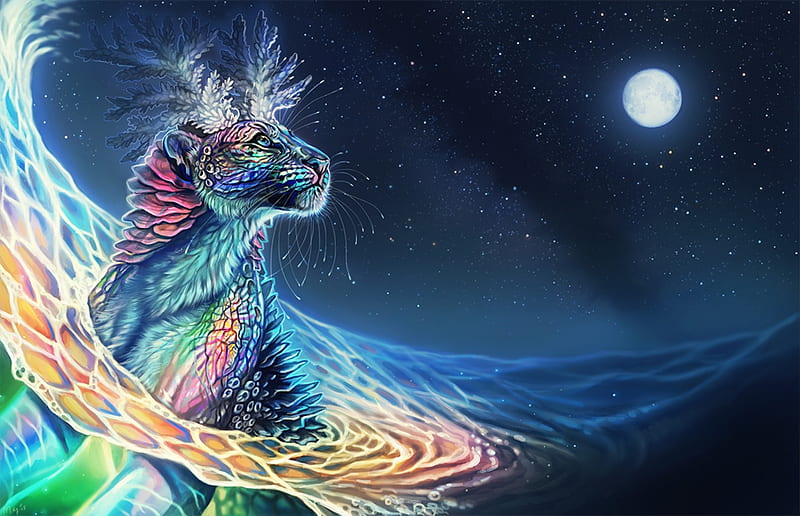 Pearlescent moon, luminos, moon, tiger, moon, vara, maquenda, fantasy, summer, tigru, pearlescent, creature, blue, HD wallpaper