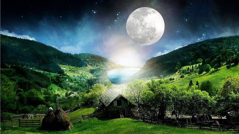 In the Country, farm, house, cottage, full moon, country, sky, lake, HD  wallpaper | Peakpx