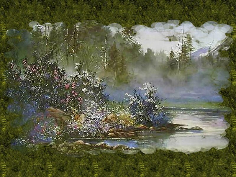 Mountain Lake, art, trees, lake, floral, pond, water, anderson ...