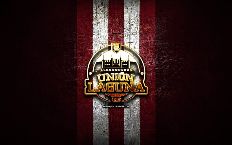 Algodoneros de Union Laguna, golden logo, LMB, purple metal background, mexican baseball team, Mexican Baseball League, Algodoneros de Union Laguna logo, baseball, Mexico, HD wallpaper