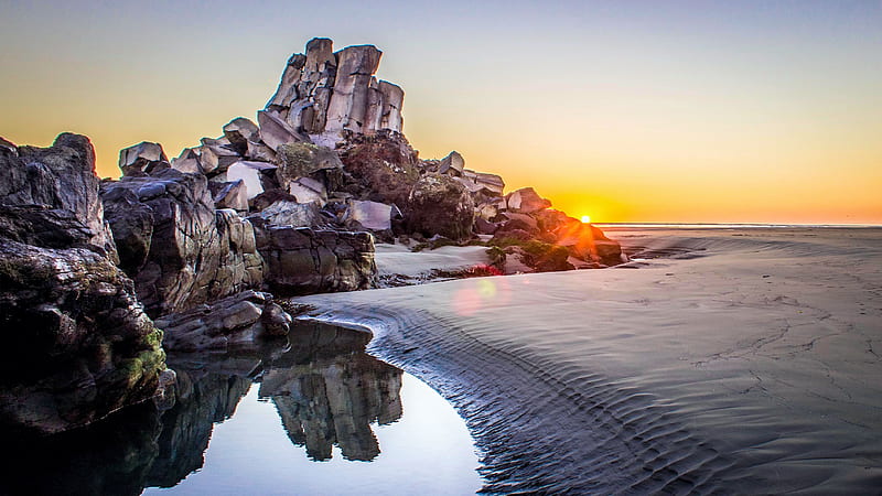 Shag Rock, Christchurch, New Zealand, beach, water, sky, reflection, landscape, HD wallpaper