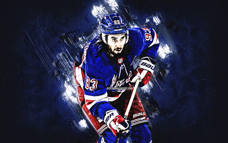 Mika Zibanejad, New York Rangers, NHL, swedish hockey player, portrait, blue stone background, National Hockey League, hockey, HD wallpaper