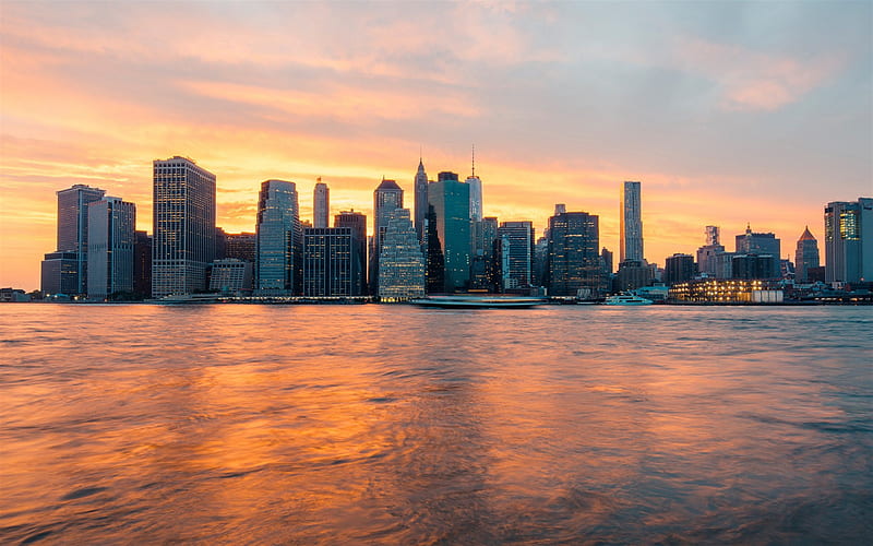Manhattan, New York, NYC, evening, sunset, New York cityscape, NYC skyscrapers, USA, HD wallpaper