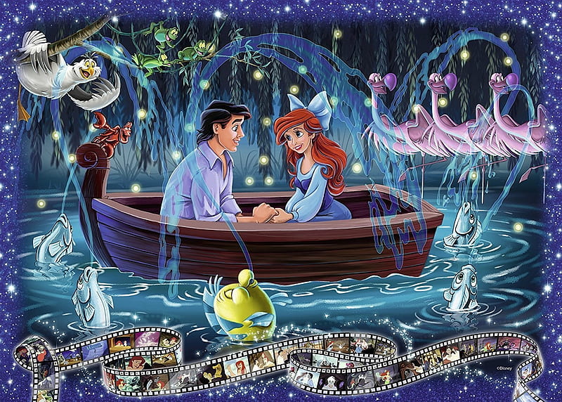 Ariel and the prince, disney, boat, fantasy, ariel, child, princess, couple, HD wallpaper