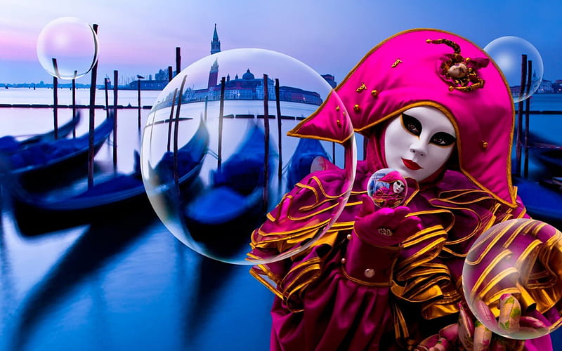 Floating in Venice, floating, hat, Venice, boat, fantasy, water, bubbles, mask, pink, blue, HD wallpaper