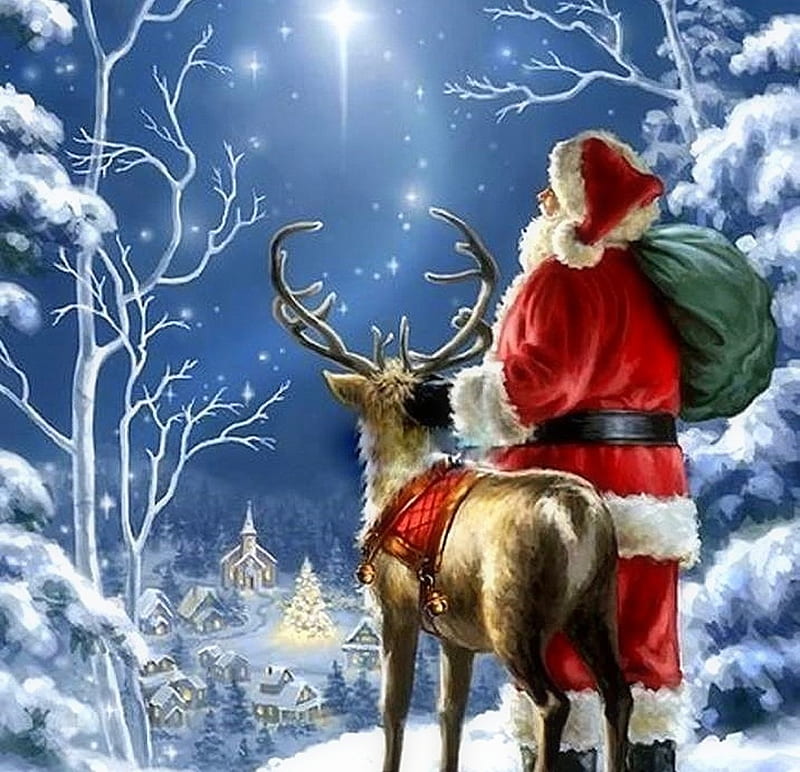 Starry Night Santa, villages, stars, Christmas, holidays, love four seasons, attractions in dreams, santa claus, xmas and new year, winter, paintings, snow, winter holidays, reindeer, HD wallpaper