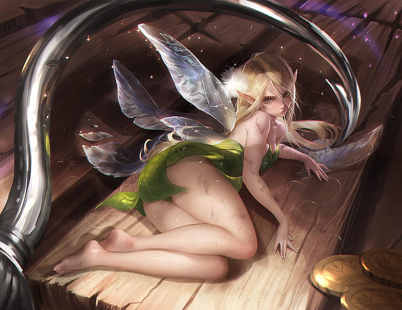 Fairy, frumusete, wings, luminos, green, girl, sakimichan, tinker bell, fantasy, HD wallpaper