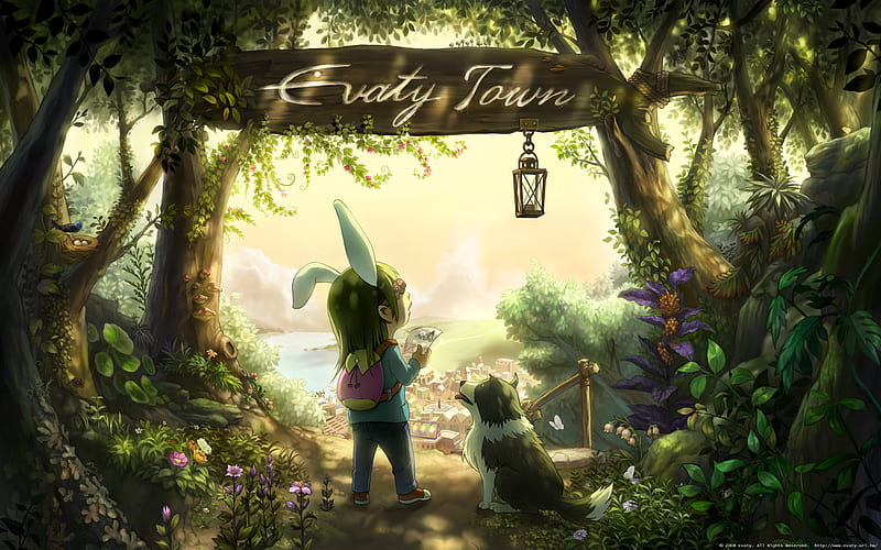 Welcome to Evaty Town, house, lantern, plant, woods, animal, fantasy, city, anime, anime girl, ear, dog, puppy, forest, rabbit, female, town, sign, sign board, building, cute, tree, girl, bird, nest, flower, bunny, HD wallpaper