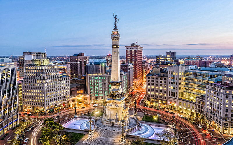 Indianapolis, The Indiana State Soldiers and Sailors Monument, Monument Circle, evening, sunset, monument, Indianapolis cityscape, skyline, Indiana, USA, HD wallpaper