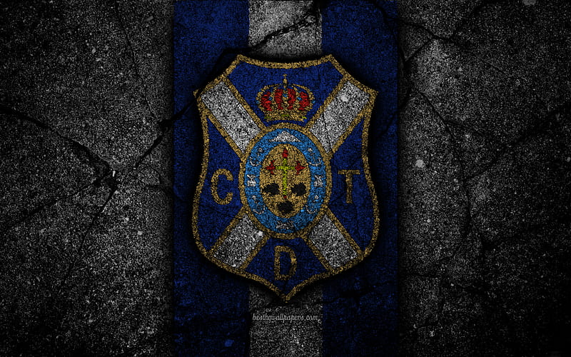 FC Tenerife, logo, Segunda Division, soccer, black stone, football club, Spain, CD Tenerife, LaLiga2, asphalt texture, Tenerife FC, HD wallpaper