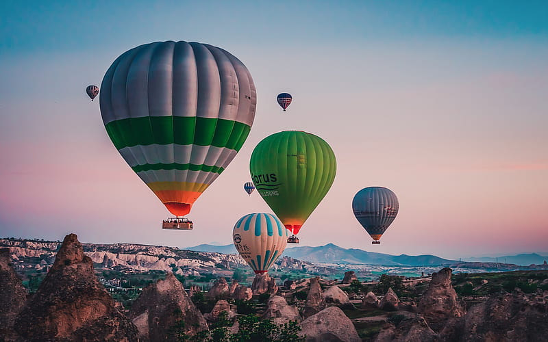 Cappadocia, Fairy chimneys, rocks, balloon festival, evening, sunset, balloons, Capadocia, Turkey, HD wallpaper
