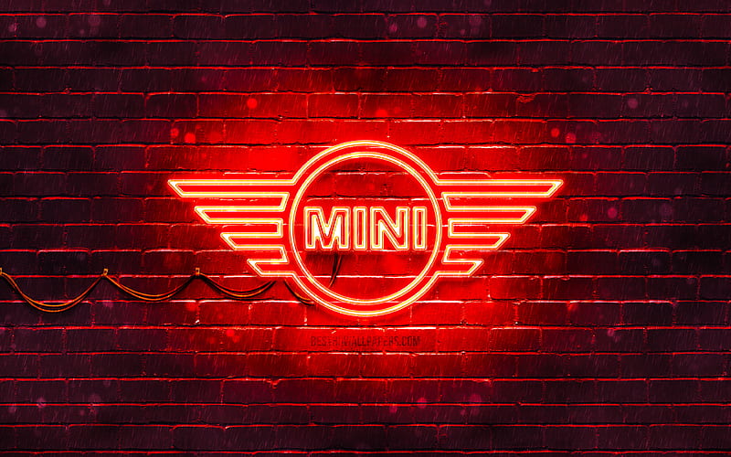 Mini red logo red brickwall, Mini logo, cars brands, Mini neon logo, Mini, HD wallpaper