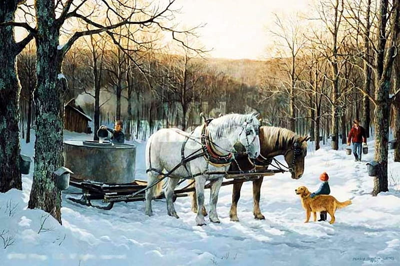 Water Express, sleigh, hut, boiler, artwork, horses, winter, snow, people, painting, dog, HD wallpaper