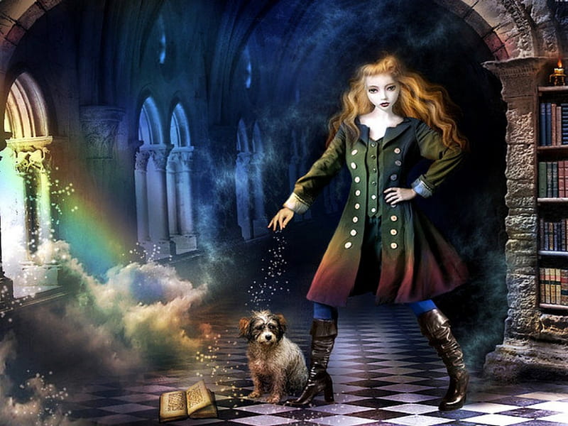 MAGICIAN GIRL, magic, bookcase, girl, dog, HD wallpaper