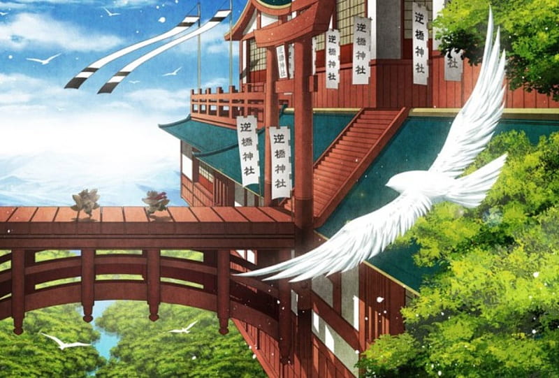 Sky View, pretty, house, messages, plant, wing, sweet, nice, skyscape, anime, feather, beauty, top, wings, lovely, roof, sky, rooftop, building, water, oriental, texts, chinese, landscape, scenic, words, bonito, staircase, stair, flags, bridge, river, scenery, cloud, roof top, tree, bird, banners, scene, HD wallpaper