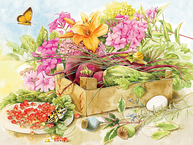 bastin marjolein, butterfly, painting, flower, yellow, pictura, pink, art, luminos, egg, HD wallpaper
