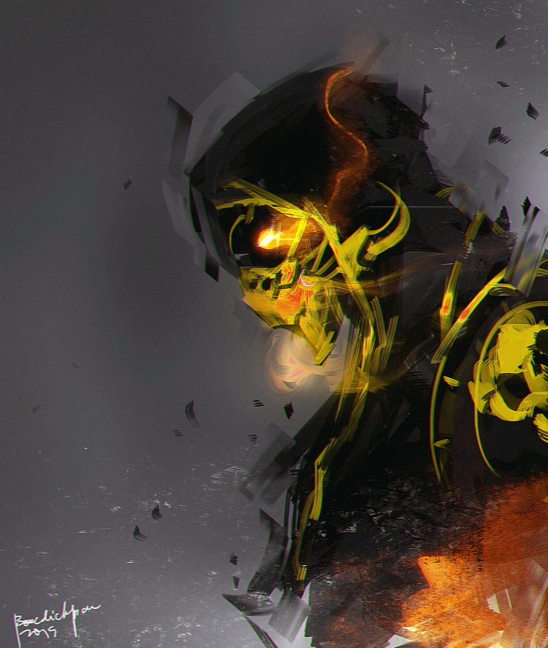 artwork, digital art, drawing, Mortal Kombat, scorpion, video games, vertical, HD phone wallpaper