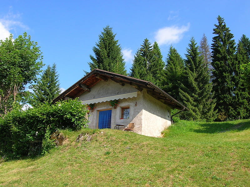 Casa di montagna, lawns, houses, prati, case, mountains, montagna, trentino, paesaggio, landscape, HD wallpaper