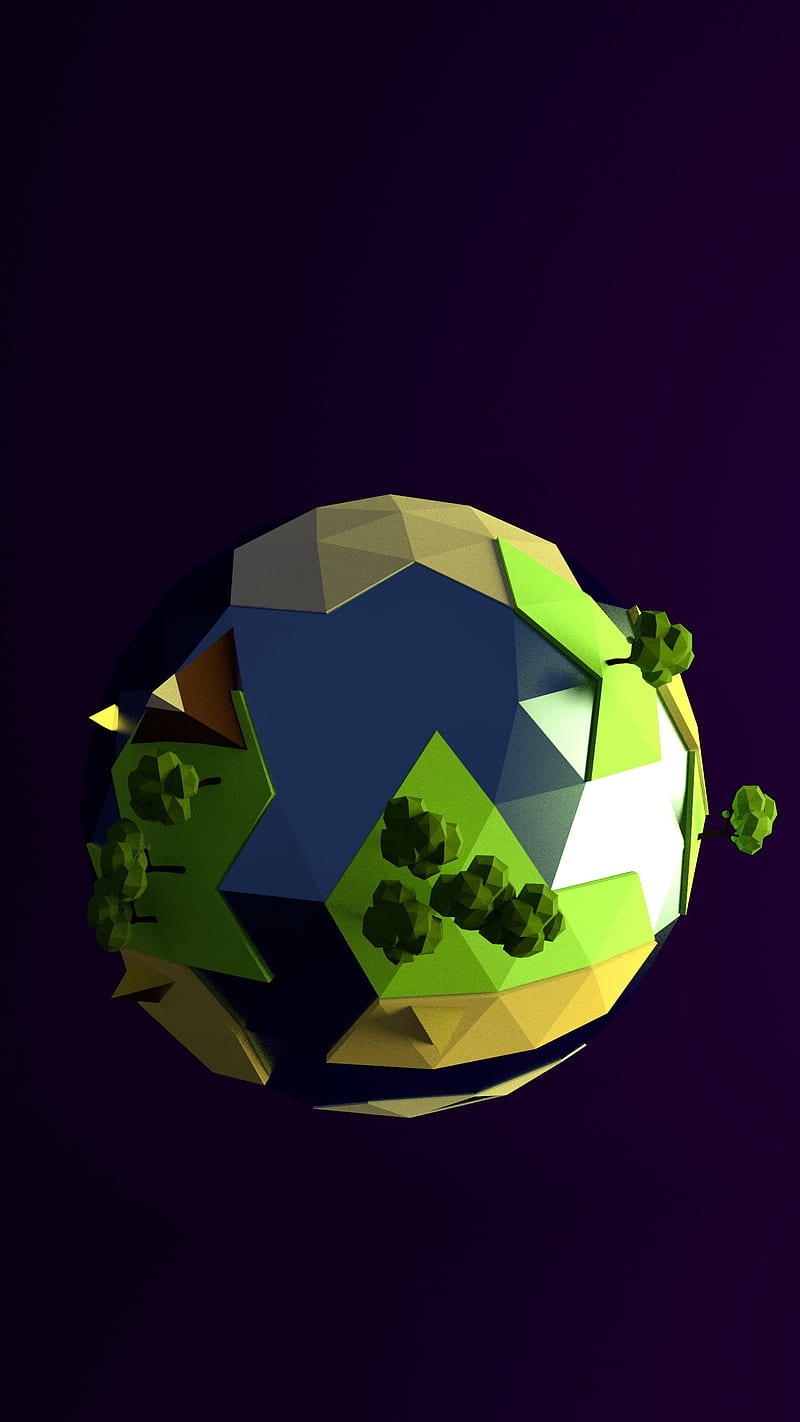 Earth, 3D, abstract, art, blue, colorful, colors, cosmic, cosmos, dark, grass, green, light, lighting, lowpoly, mountains, nature, ocean, planet, poly, polyart, polygons, reflections, render, rivers, sand, snow, space, sphere, sun, trees, triangles, vacuum, water, world, yellow, HD phone wallpaper