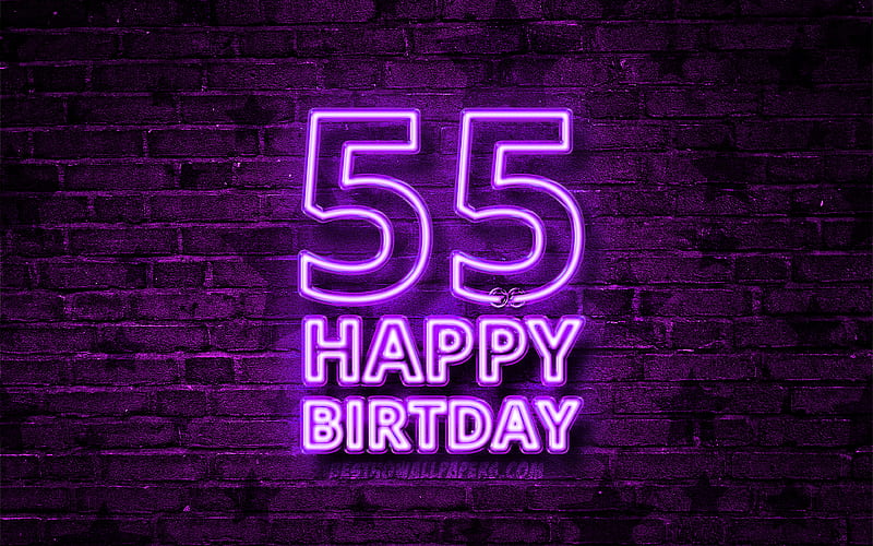 Happy 55 Years Birtay violet neon text, 55th Birtay Party, violet brickwall, Happy 55th birtay, Birtay concept, Birtay Party, 55th Birtay, HD wallpaper