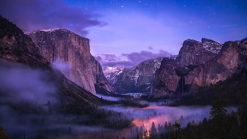 Blue Night at Yosemite National Park, california, river, valley, landscape, mist, HD wallpaper
