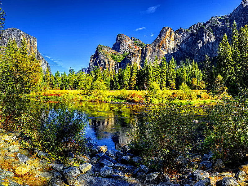 Peaceful, rocks, sunny, creek, trees, sky, lake, mirrored, pond ...