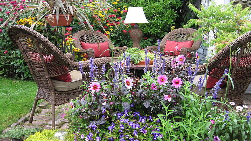 Floral Garden With Chairs And Lamp Garden, HD wallpaper