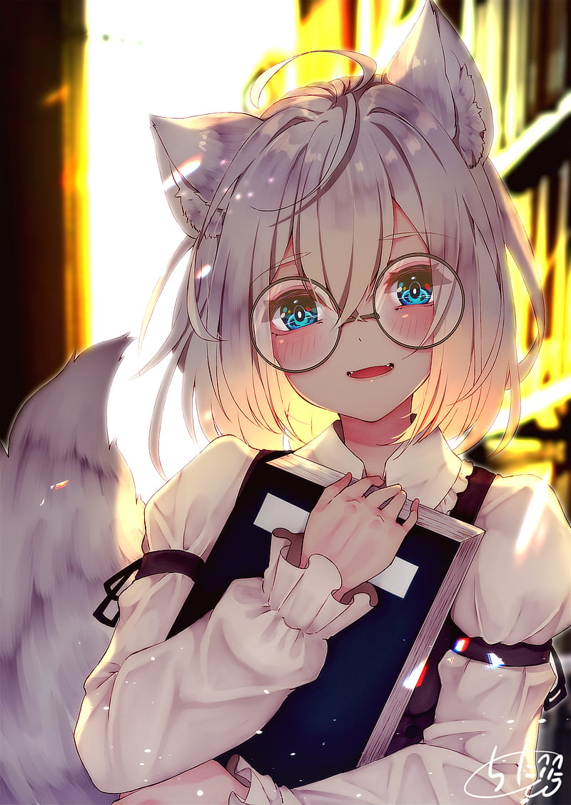 anime girls, original characters, anime, fantasy girl, white hair, bangs, blue eyes, fox girl, foxy ears, backlighting, books, library, depth of field, women with glasses, glasses, looking at viewer, blushing, smiling, fangs, portrait display, tail, animal ears, artwork, digital art, illustration, 2D, drawing, chita (ketchup), HD phone wallpaper