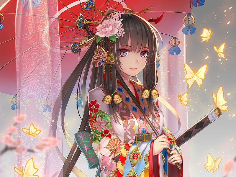 Geisha, red, umbrella, manga, weiyinji xsk, kimono, butterfly, girl ...