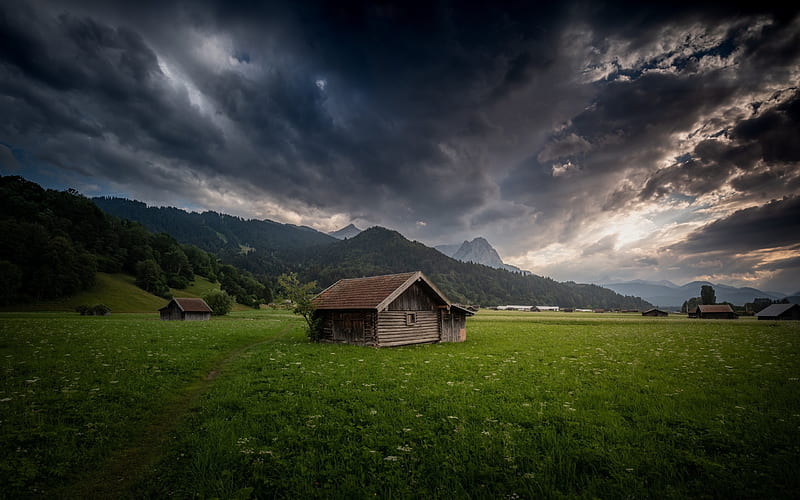 Garmisch-Partenkirchen, lawn, hut, Europe, Germany, Bavaria, HD wallpaper