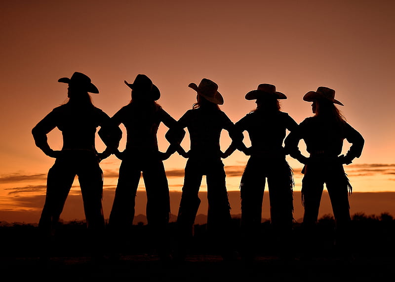 Western Spirit, hats, cowgirls, chaps, mountains, silhouettes, sunset, clouds, sky, HD wallpaper