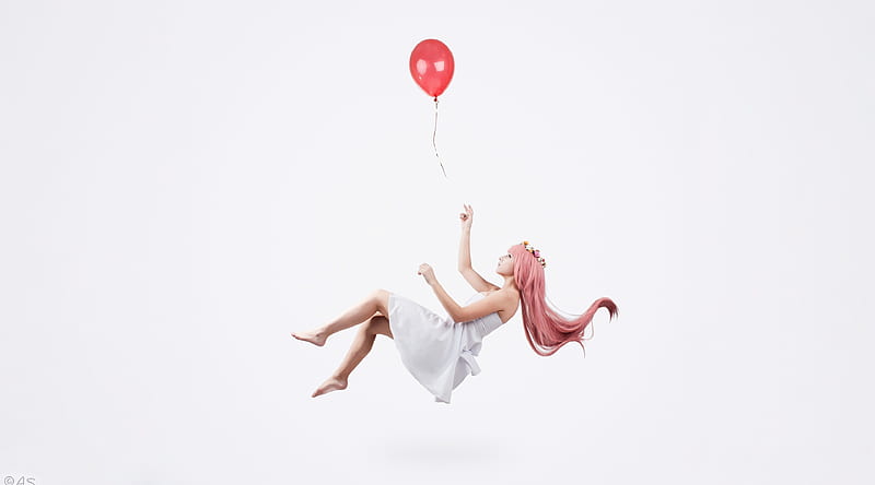 Girl Flying Holding a Balloon Ultra, Cute, Girl, Balloon, Flying, Fantasy, surreal, Dress, pink hair, HD wallpaper