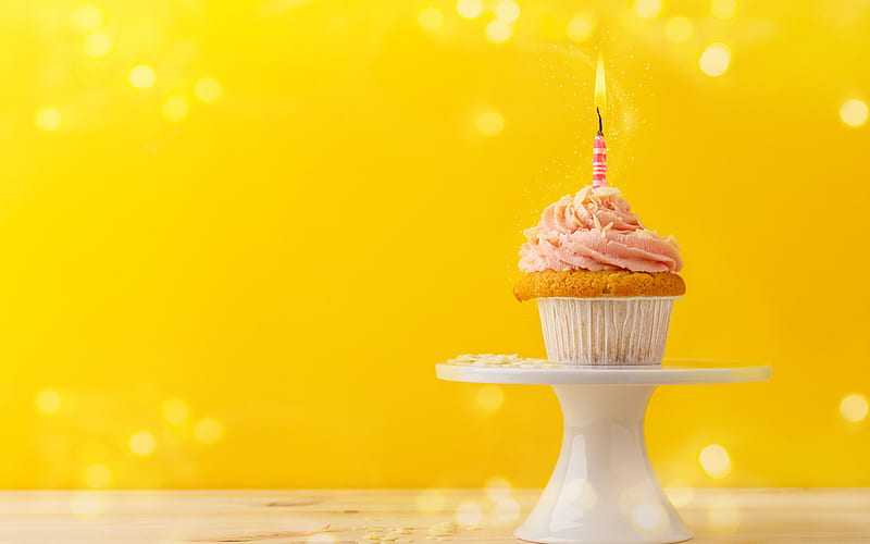 Happy Birtay, cupcake, cake, burning candle, 1 year concepts, sweets, cake on a yellow background, HD wallpaper