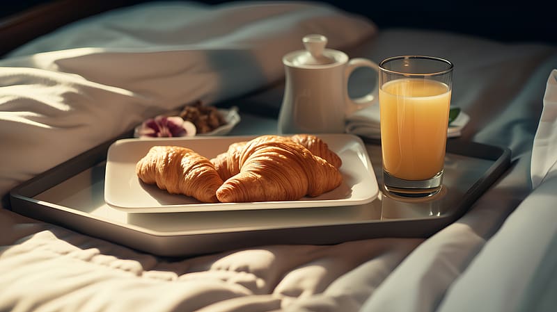 Breakfast with croissants, Snack, Bed, Orange juice, Coffee, HD wallpaper
