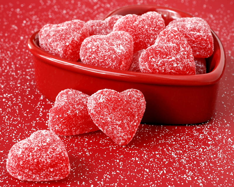Heart Fruit Jellies, lollies, red, candies, sugar, soft, bowl, HD wallpaper