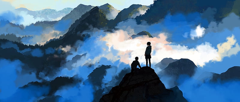 anime landscape, cliff, clouds, anime couple, scenery, romance, Anime, HD wallpaper