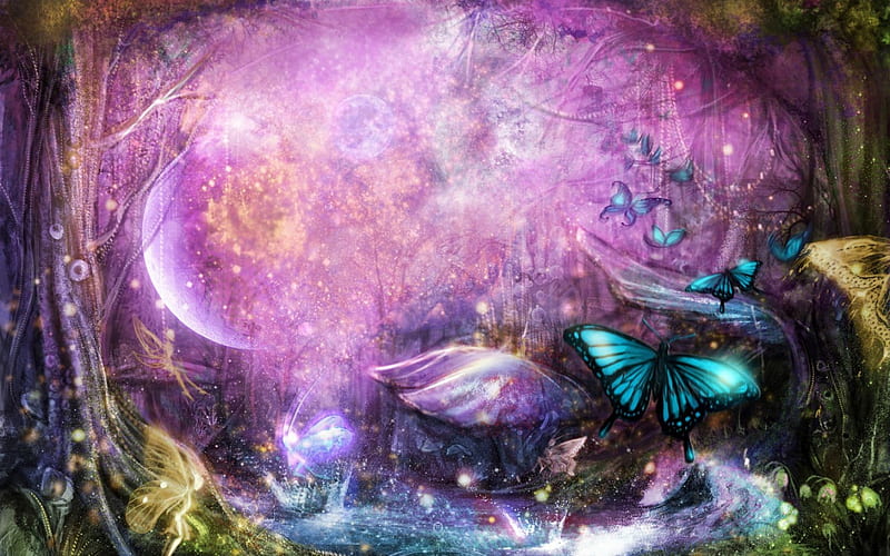 Fantasy with fairies and butterflies, world, wings, tree, fly, fantasy, moon, water, butterfly, pink, fairy, HD wallpaper
