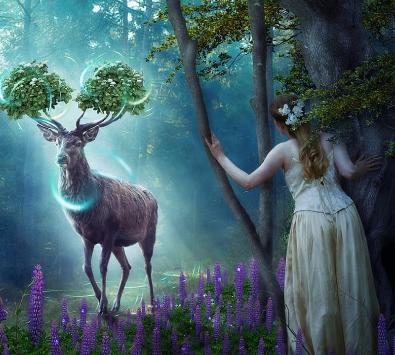 fantasy, girl, flowers, fairy, deer, HD wallpaper