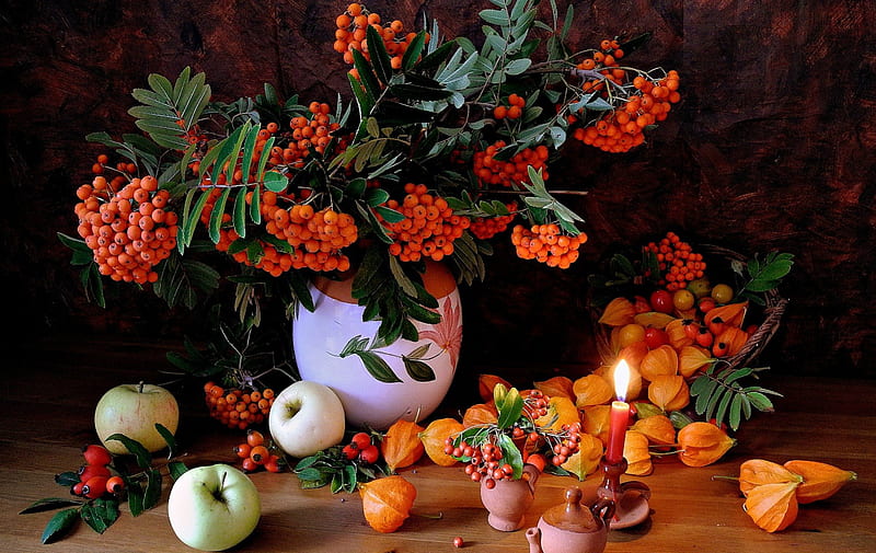 Autumn still life, apple, red, candle, autumn, orange, fruit, still life, green, berry, HD wallpaper