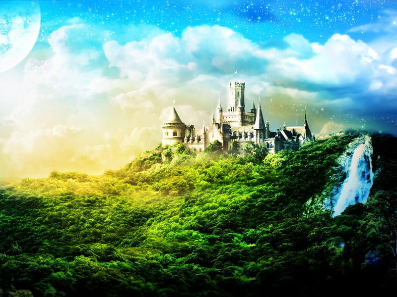The castle from a fairy tale, green, grass, yellow, nature, white, castle, sky, blue, HD wallpaper