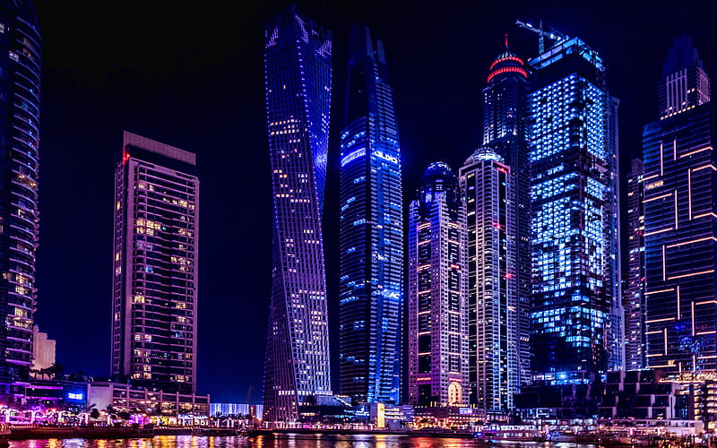 Dubai Marina skyscrapers, cityscapes, nightscapes, Dubai, United Arab Emirates, UAE, HD wallpaper
