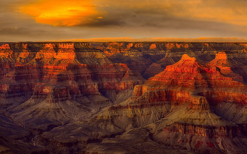Grand Canyon National Park, evening, rocks, sunset, red rocks, mountain landscape, Colorado River, Arizona, USA, Grand Canyon, panorama, HD wallpaper