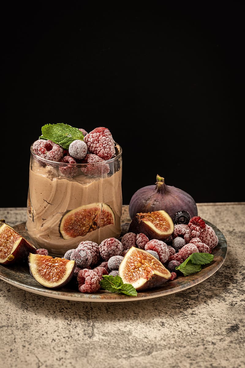 chocolate mousse, raspberries, figs, dessert, food, HD phone wallpaper