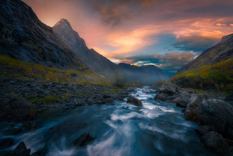 Rocky Mountain River at Dusk, Mountains, Sky, Clouds, Twilight, Rocks, Rivers, Dusk, Nature, HD wallpaper