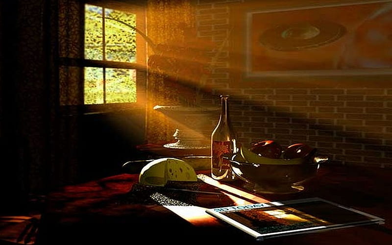 Morning Sun, sun, window, wine, cheese, apples, flowers, morning, HD wallpaper