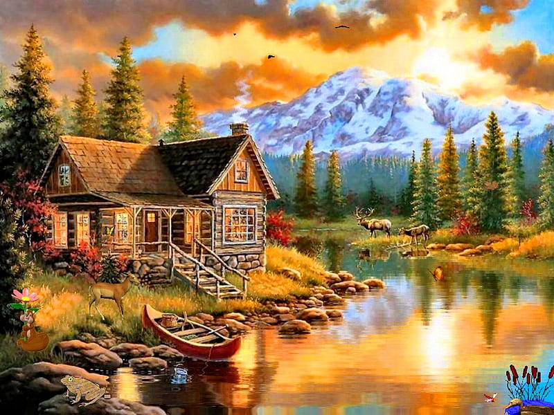 Suburban paradise, stream, pretty, colorful, house, shore, cottage, cabin, bonito, countryside, mountain, nice, boat, painting, suburban, village, flowers, river, reflection, light, amazing, calmness, lovely, creek, sky, trees, water, serenity, paradise, summer, nature, HD wallpaper